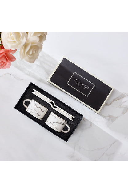 Set 2 cești espresso din porțelan cu farfurioare dreptunghiulare pentru servire, 90 ml - Alb