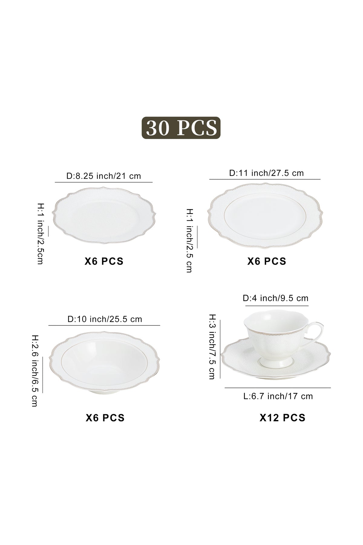 Set masă 30 piese porțelan Arabesque, alb cu bordură argintie, 6 persoane