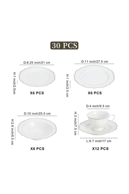 Set masă 30 piese porțelan Arabesque, alb cu bordură argintie, 6 persoane