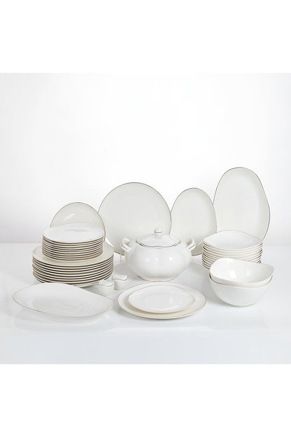 Set masă 45 piese porțelan Muzi, alb cu bordură aurie, design organic, 12 persoane