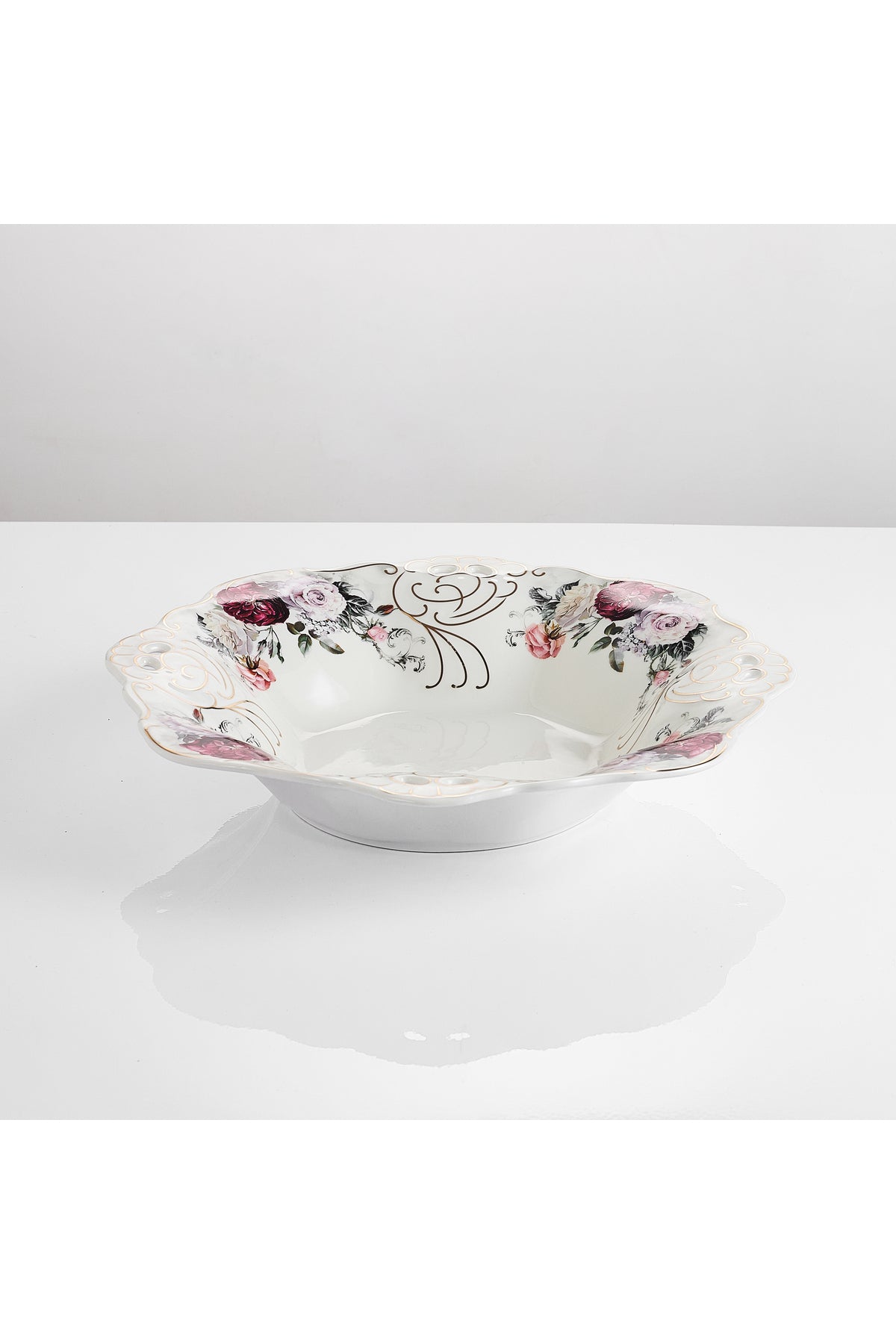 Bol fructieră porțelan model floral vintage, margini dantelate, diametru 33 cm