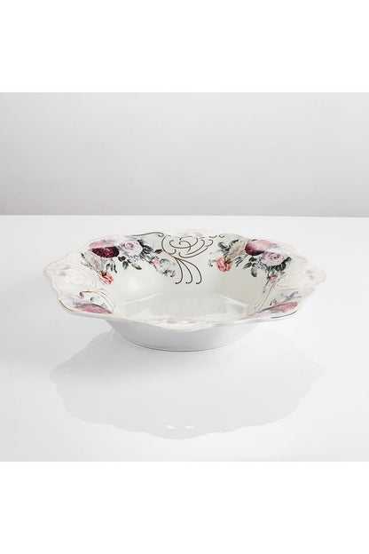 Bol fructieră porțelan model floral vintage, margini dantelate, diametru 33 cm