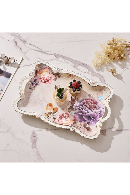 Tavă servire porțelan model floral vintage, mânere integrate, 42 x 27 cm