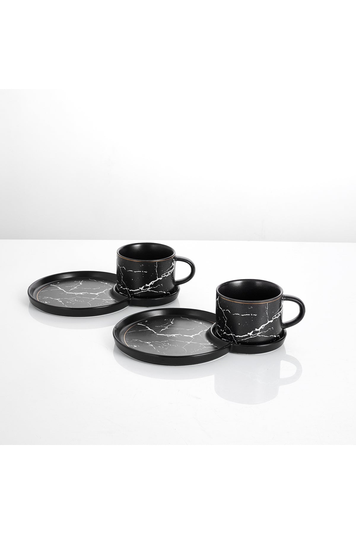 Set 2 cești de cafea din porțelan cu farfurioare duble pentru gustări, 180 ml - Negru