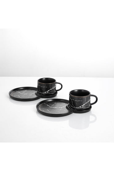 Set 2 cești de cafea din porțelan cu farfurioare duble pentru gustări, 180 ml - Negru