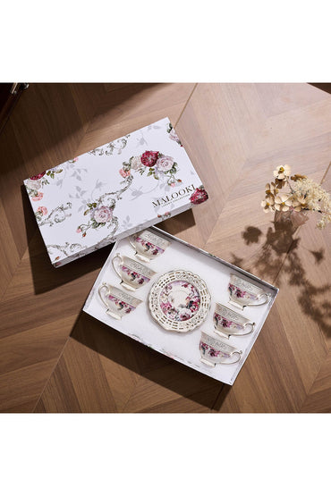 Set 6 cești espresso cu 6 farfurioare rotunde porțelan 90 ml – model floral elegant