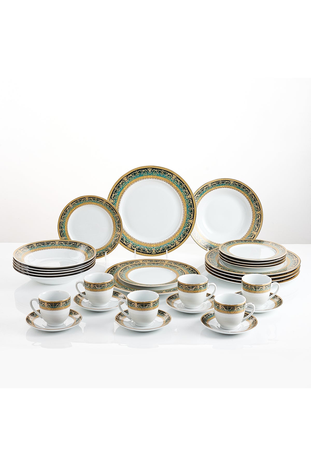 Serviciu de Masă 6 persoane Emerald Royal Gold din Porțelan, 30 piese, Design Baroc Verde cu Aur