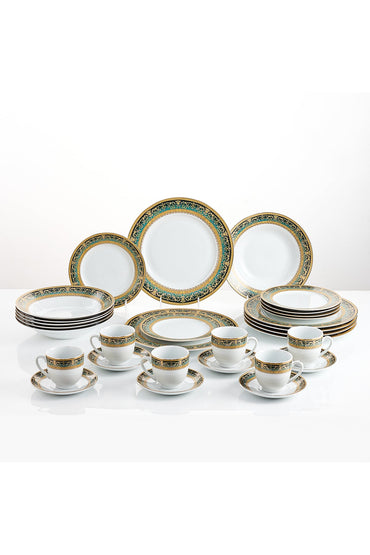 Serviciu de Masă 6 persoane Emerald Royal Gold din Porțelan, 30 piese, Design Baroc Verde cu Aur