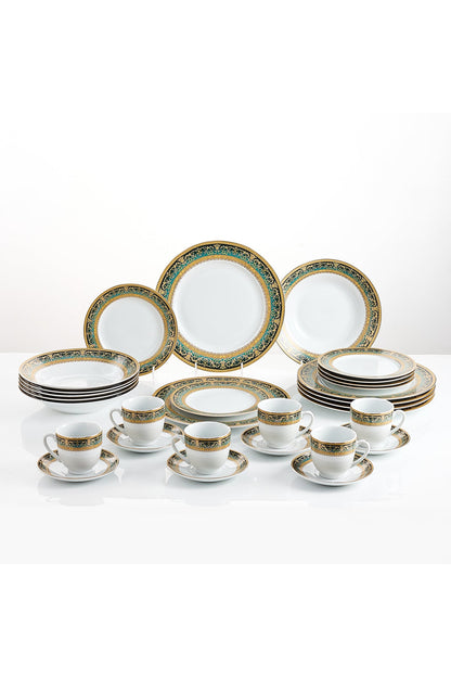Serviciu de Masă 6 persoane Emerald Royal Gold din Porțelan, 30 piese, Design Baroc Verde cu Aur