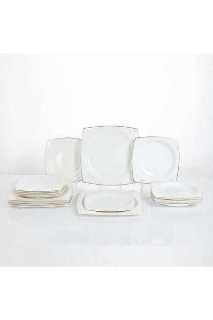 Set masă 18 piese porțelan Quadro, alb cu bordură aurie, design pătrat, 6 persoane