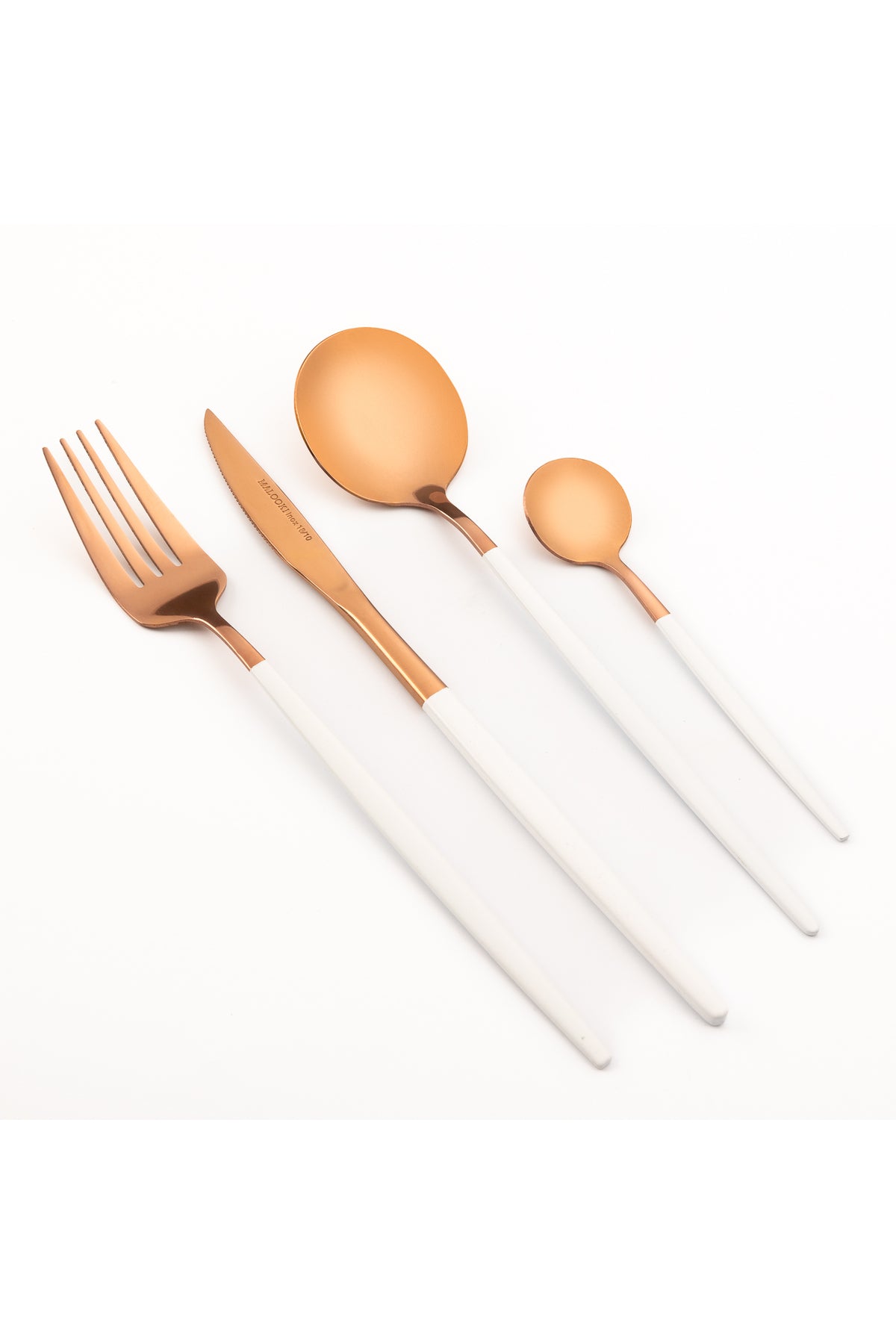 Set tacâmuri 24 piese inox 18/10, rose gold cu mâner alb, 6 persoane