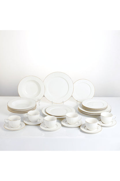 Serviciu de masă din porțelan 30 piese "Soare,set farfurii 6 persoane, decor relief cu margine aurie