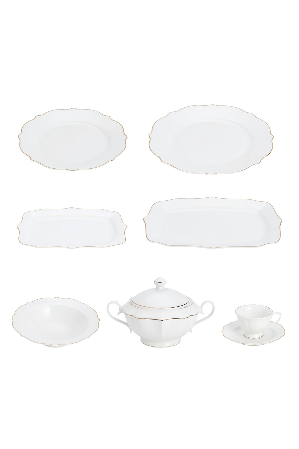 Set masă 65 piese porțelan Dubai, alb cu bordură aurie, 12 persoane