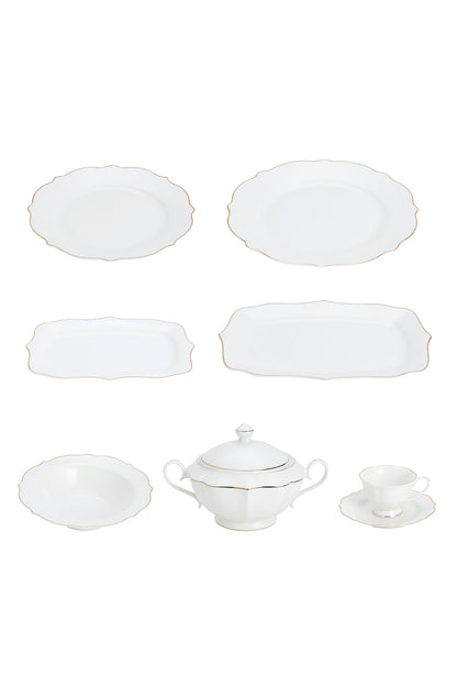 Set masă 65 piese porțelan Dubai, alb cu bordură aurie, 12 persoane