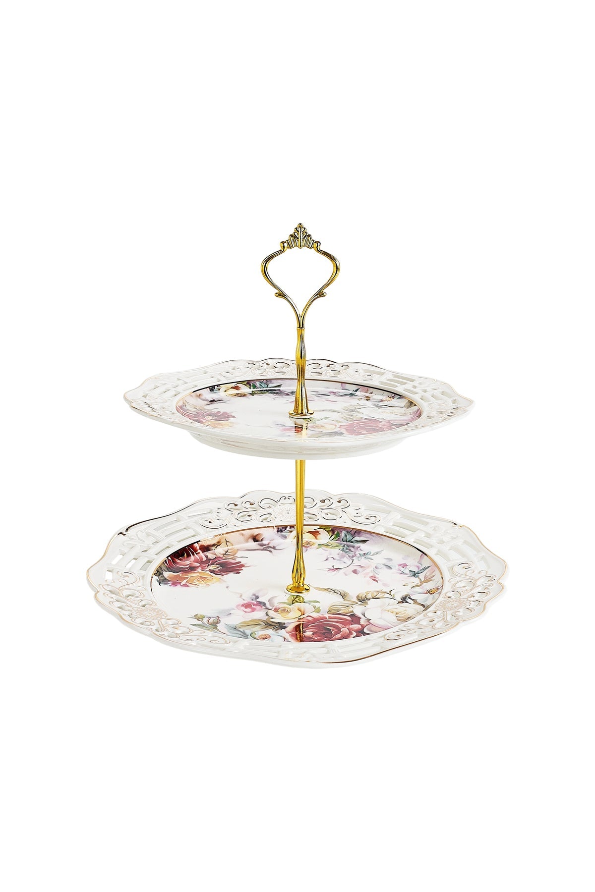 Platou etajat 2 niveluri porțelan, model floral vintage, platouri rotunde