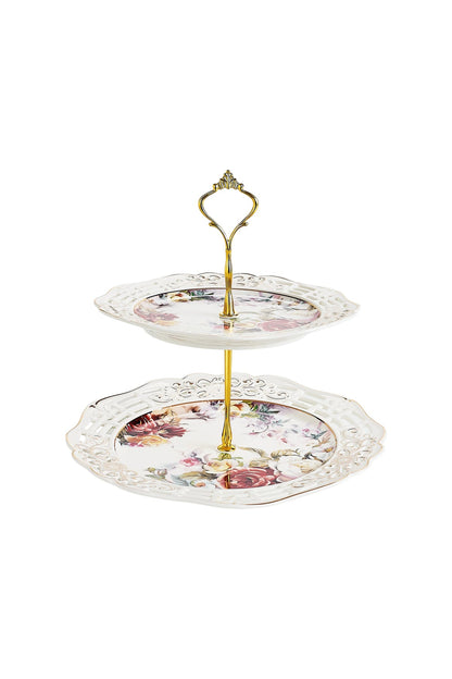 Platou etajat 2 niveluri porțelan, model floral vintage, platouri rotunde