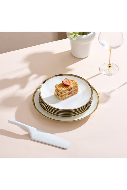Set 6 persoane farfurii desert porțelan Aurel, bordură aurie lată, cu spatulă tort