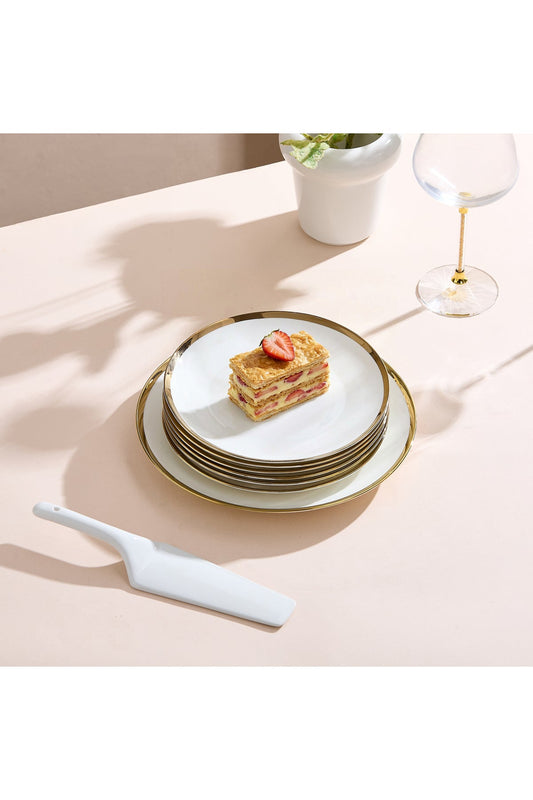 Set 6 persoane farfurii desert porțelan Aurel, bordură aurie lată, cu spatulă tort