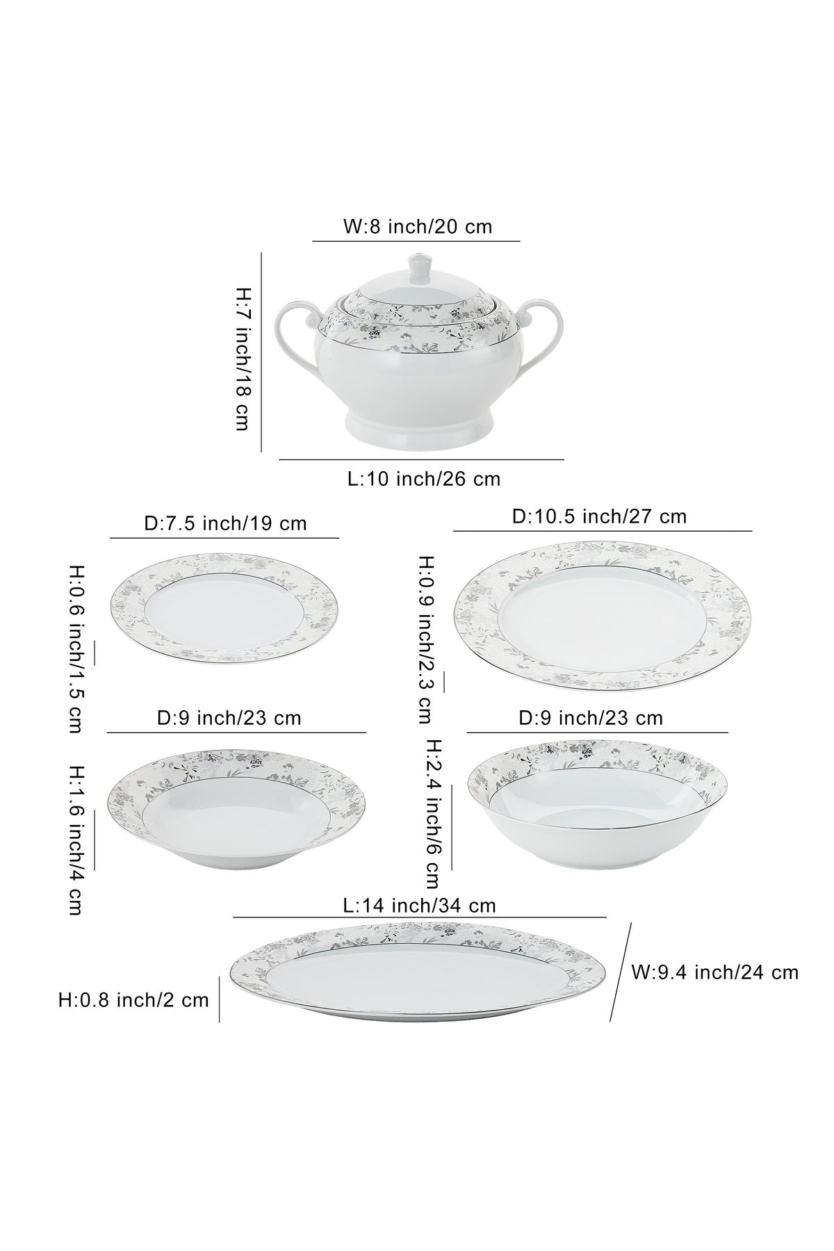 Serviciu de Masă12 Persoane Charcoal Blossom din Porțelan Premium, 40 piese, Design Floral Dens