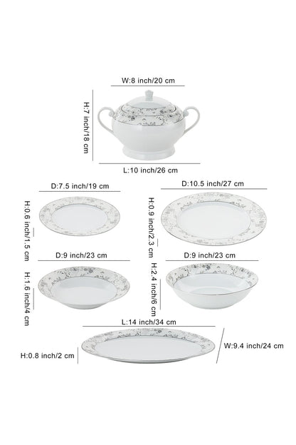 Serviciu de Masă12 Persoane Charcoal Blossom din Porțelan Premium, 40 piese, Design Floral Dens