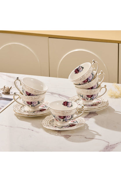 Set 6 cești espresso cu 6 farfurioare rotunde porțelan 90 ml – model floral elegant