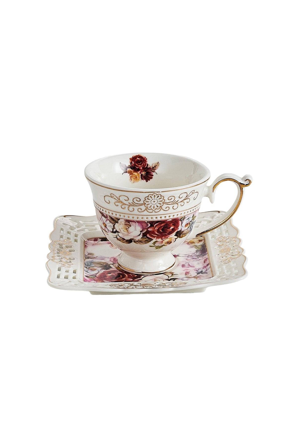 Set 6 cești espresso cu 6 farfurioare porțelan 90 ml – cești cafea model floral elegant