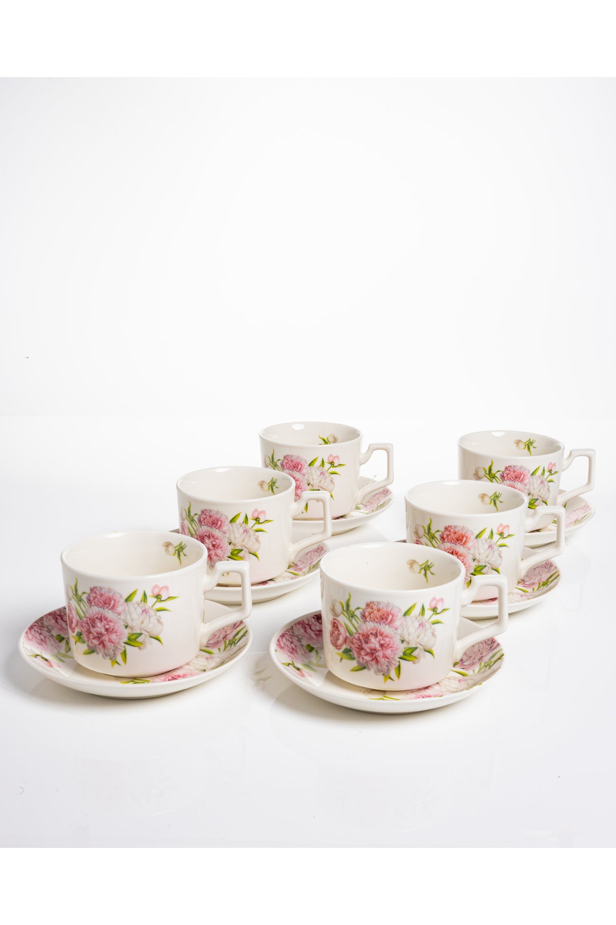 Set 6 cești cafea Peony – porțelan floral cu bujori roz, 12 piese cu farfurioare