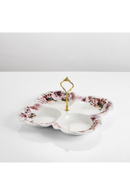 Platou compartimentat 4 secțiuni porțelan model floral vintage, mâner auriu