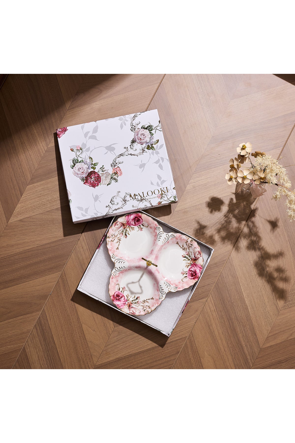 Platou compartimentat 3 secțiuni porțelan, model floral vintage, mâner auriu