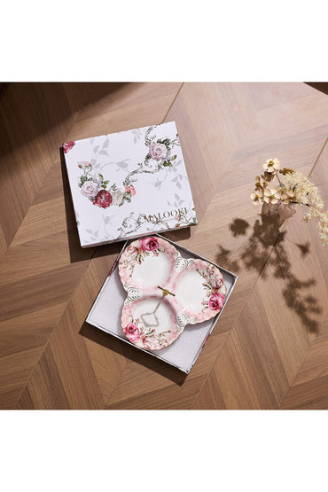 Platou compartimentat 3 secțiuni porțelan, model floral vintage, mâner auriu