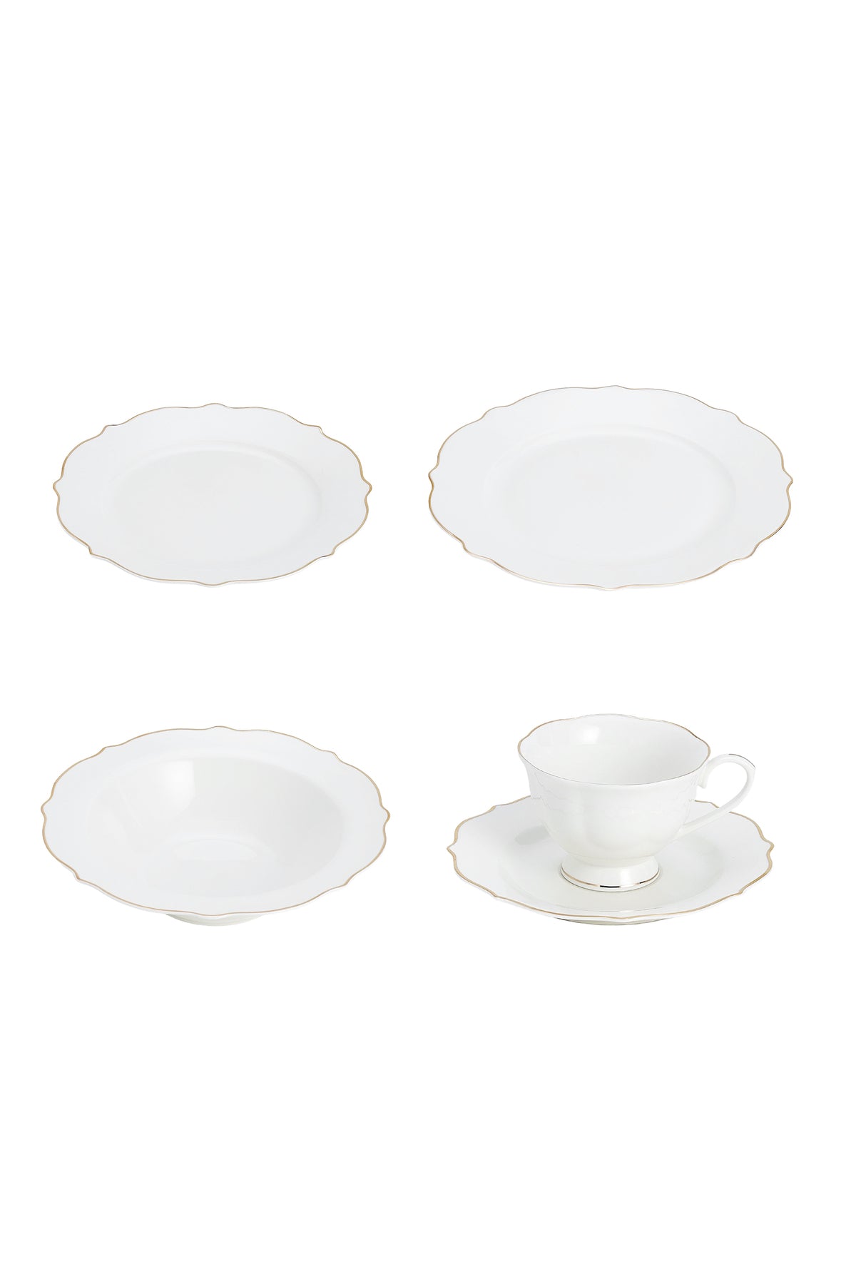 Set masă 30 piese porțelan Dubai, alb cu bordură aurie, 6 persoane