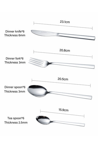 Set Tacâmuri modern 24 Piese pentru 6 persoane, Inox premium - Argintiu