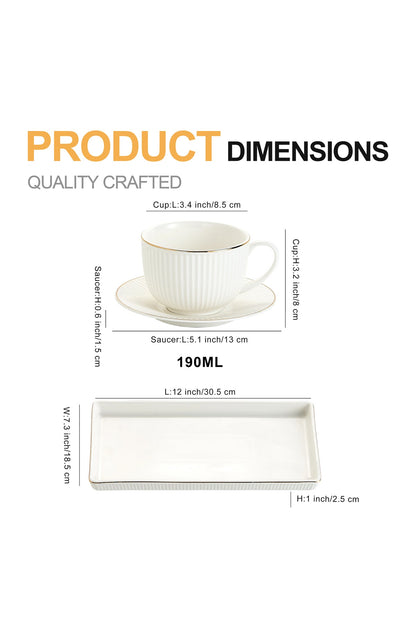 Set Servire Cafea - 2 Cești 190ml, 2 Farfurioare și platou Porțelan - Royal Alb