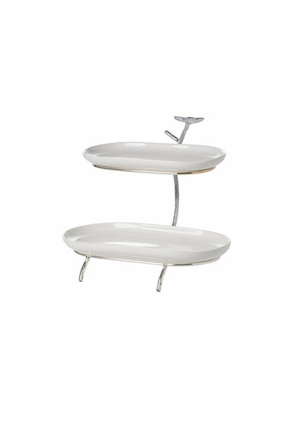 Platou etajat oval Candy Bar din Porțelan cu Suport Metalic Argintiu - 25.9 cm