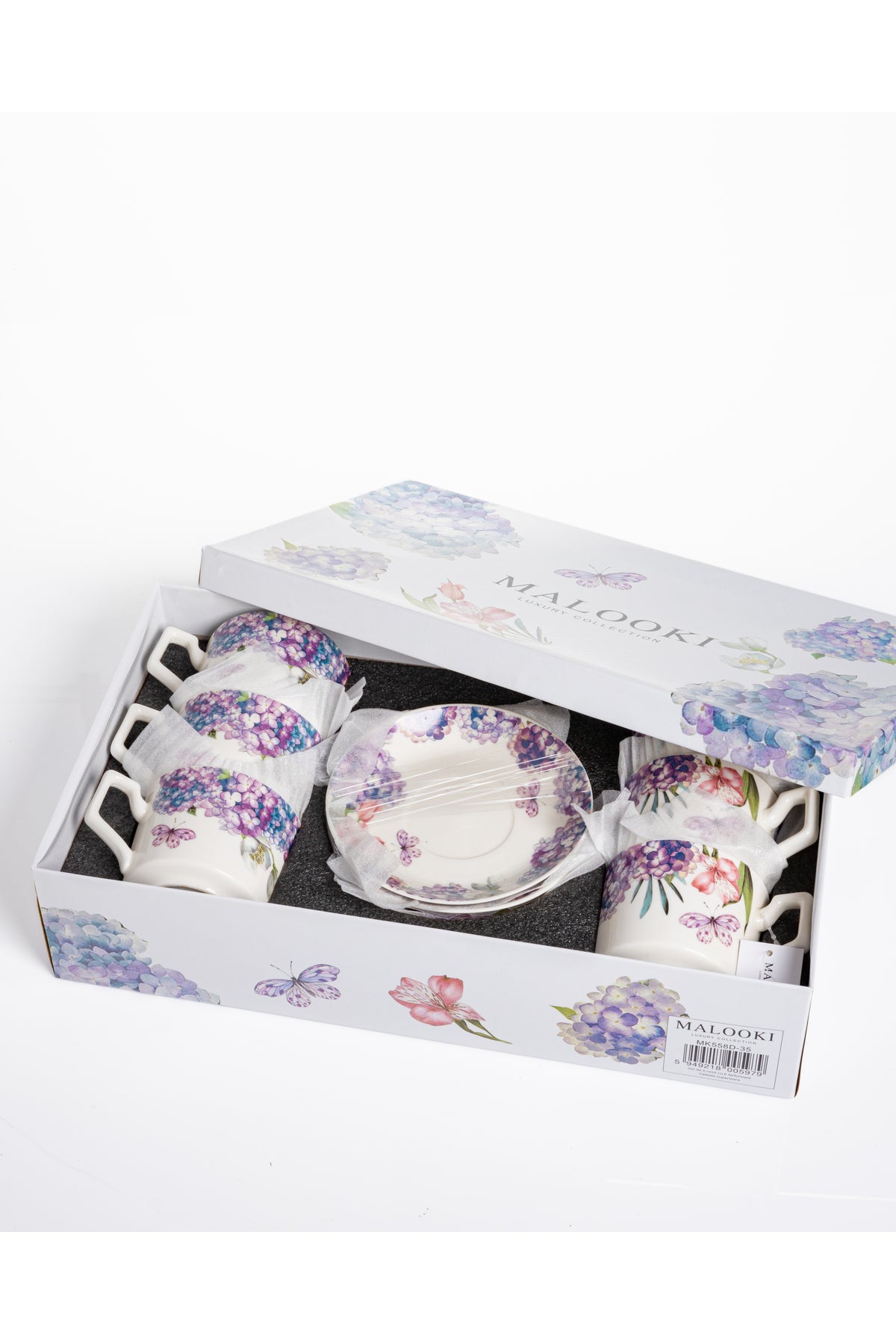 Set 6 cești cafea Lilac–porțelan floral cu hortensii și fluturi - 12 piese cu farfurioare