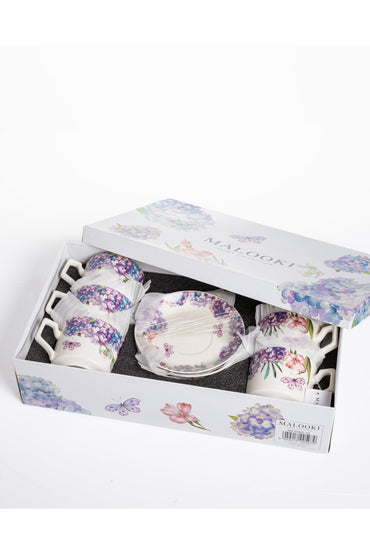 Set 6 cești cafea Lilac–porțelan floral cu hortensii și fluturi - 12 piese cu farfurioare