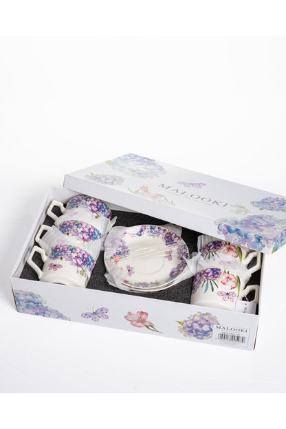 Set 6 cești cafea Lilac–porțelan floral cu hortensii și fluturi - 12 piese cu farfurioare