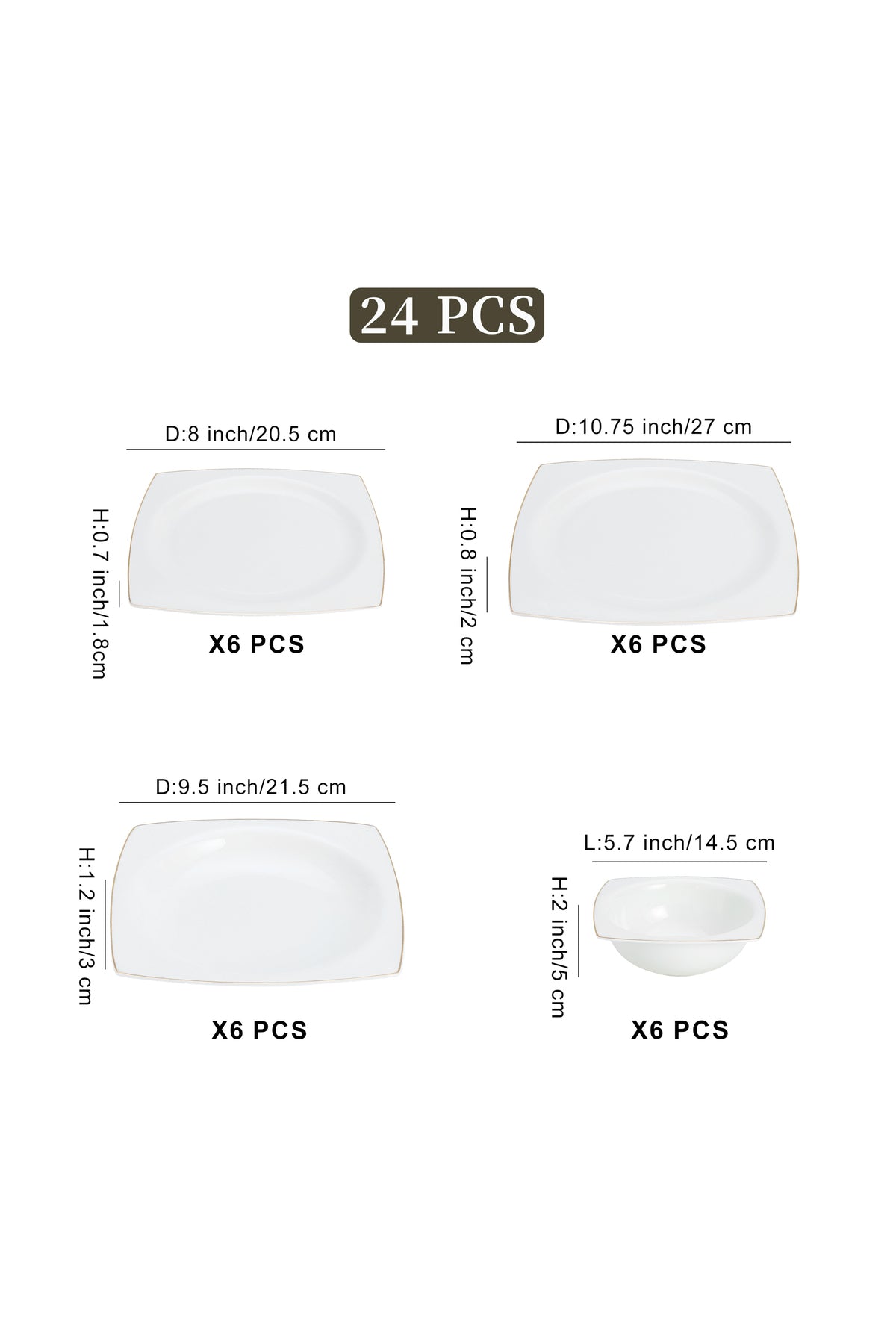 Serviciu masă 24 piese porțelan Quadro, alb cu bordură aurie, design pătrat, 6 persoane