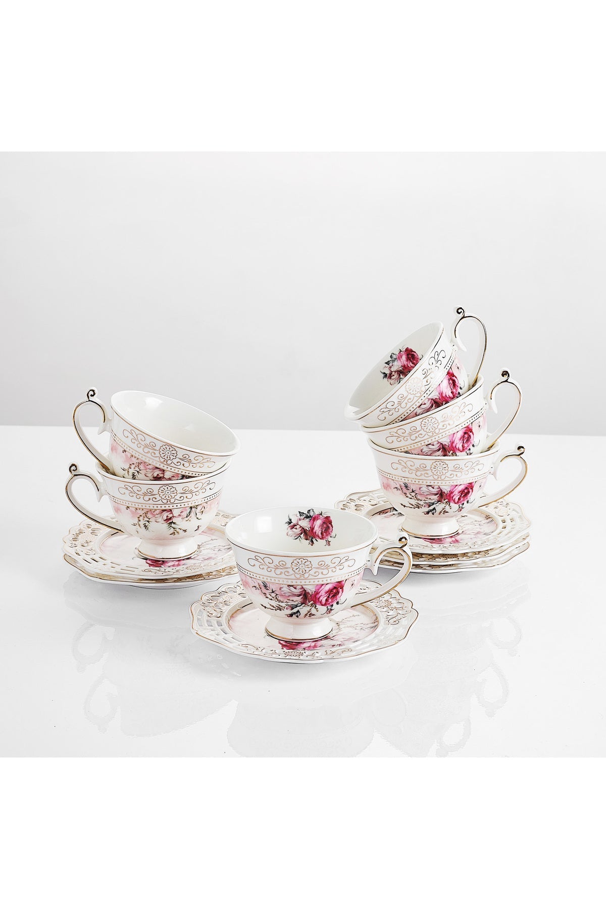 Set 6 cești espresso cu 6 farfurioare rotunde porțelan 90 ml – model floral elegant