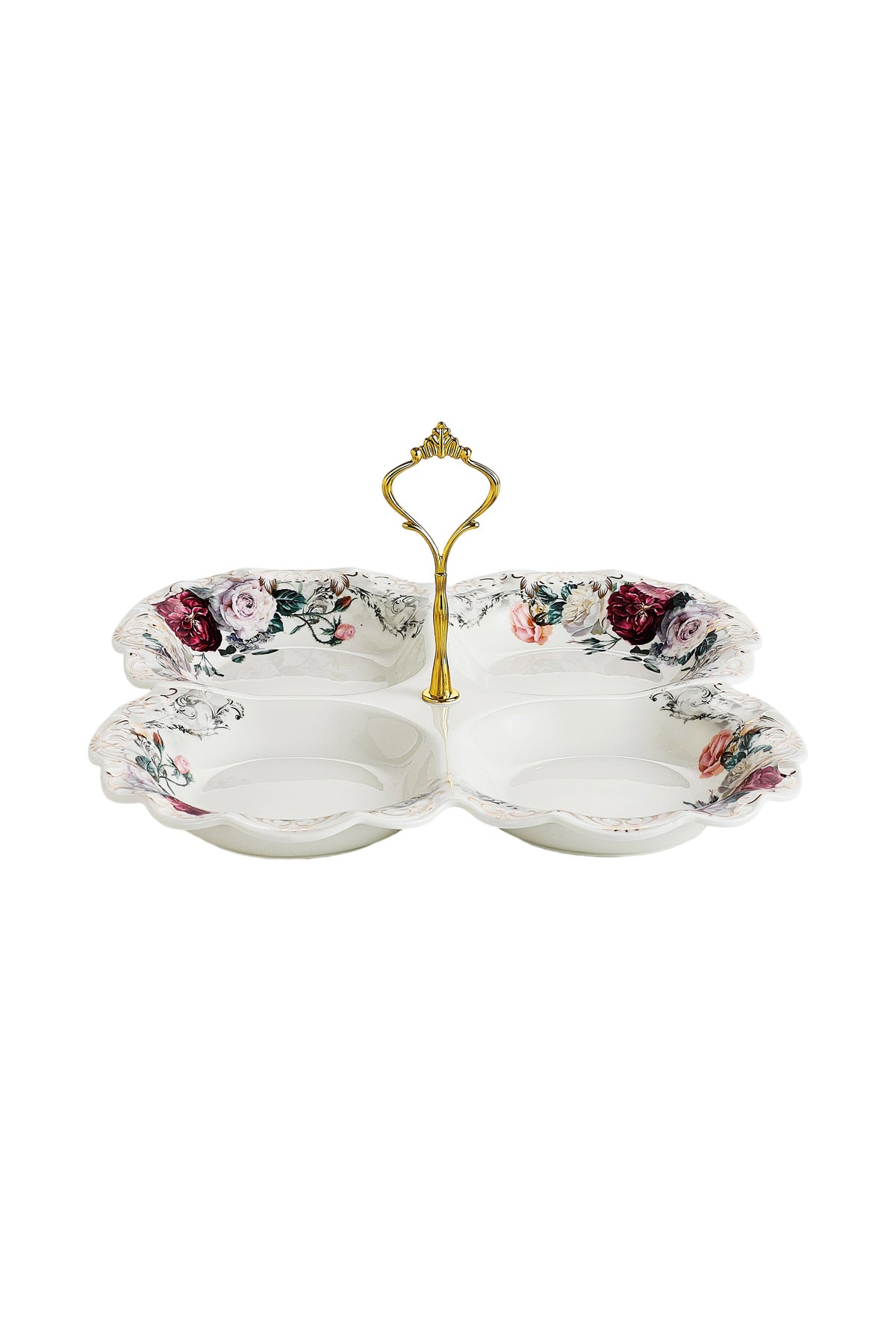 Platou compartimentat 4 secțiuni porțelan model floral vintage, mâner auriu