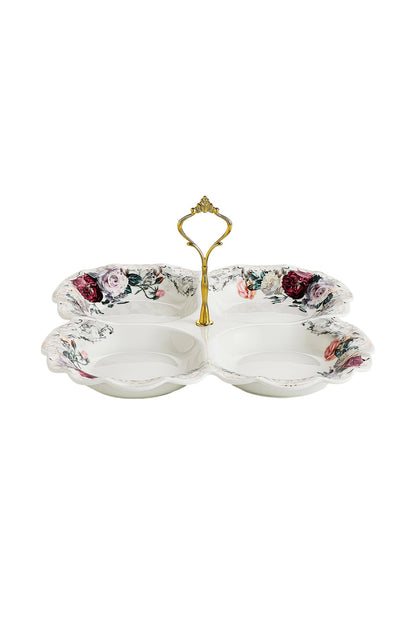 Platou compartimentat 4 secțiuni porțelan model floral vintage, mâner auriu
