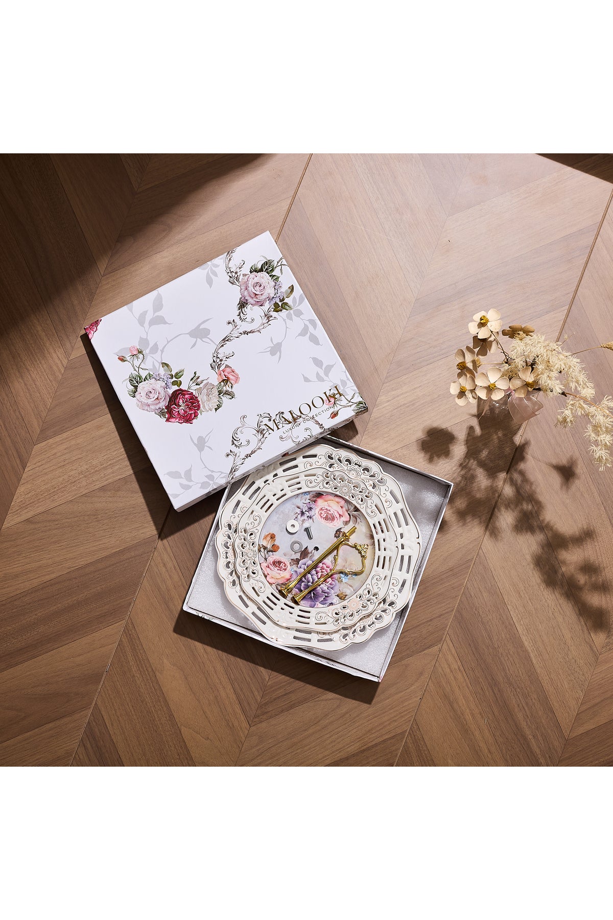 Platou etajat 2 niveluri porțelan, model floral vintage, platouri rotunde