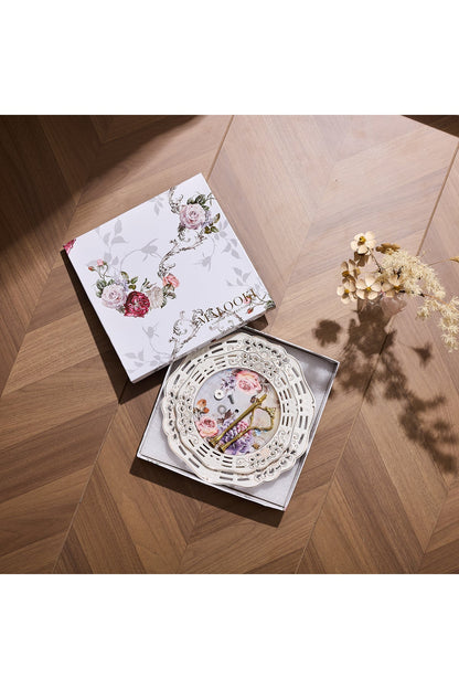 Platou etajat 2 niveluri porțelan, model floral vintage, platouri rotunde