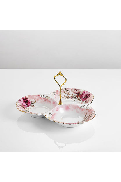 Platou compartimentat 3 secțiuni porțelan, model floral vintage, mâner auriu