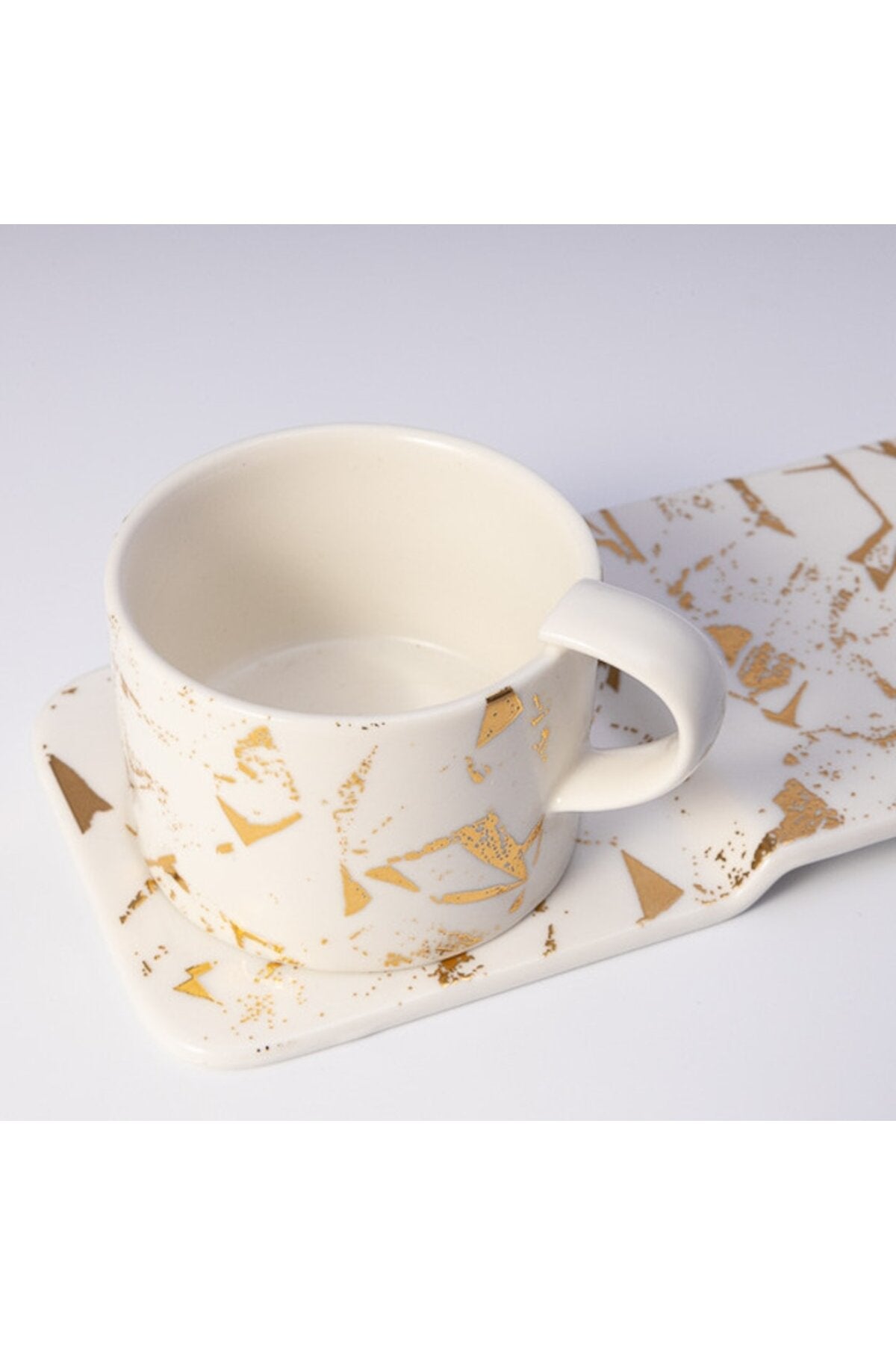 Set 6 căni de cafea, porțelan, 90 ml, cu farfurioare, Malooki, alb/auriu