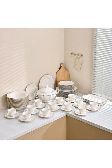 Set masă 65 piese porțelan Dubai, alb cu bordură aurie, 12 persoane