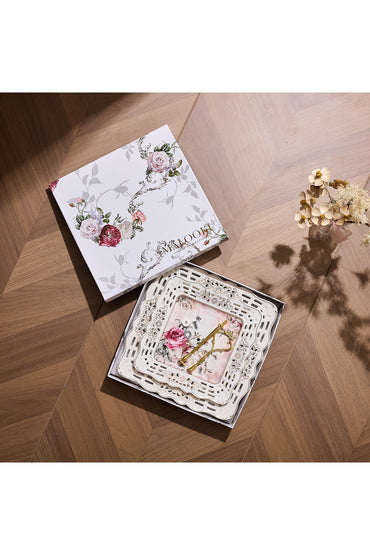 Platou etajat 2 niveluri porțelan, model floral vintage, tijă metalică aurie