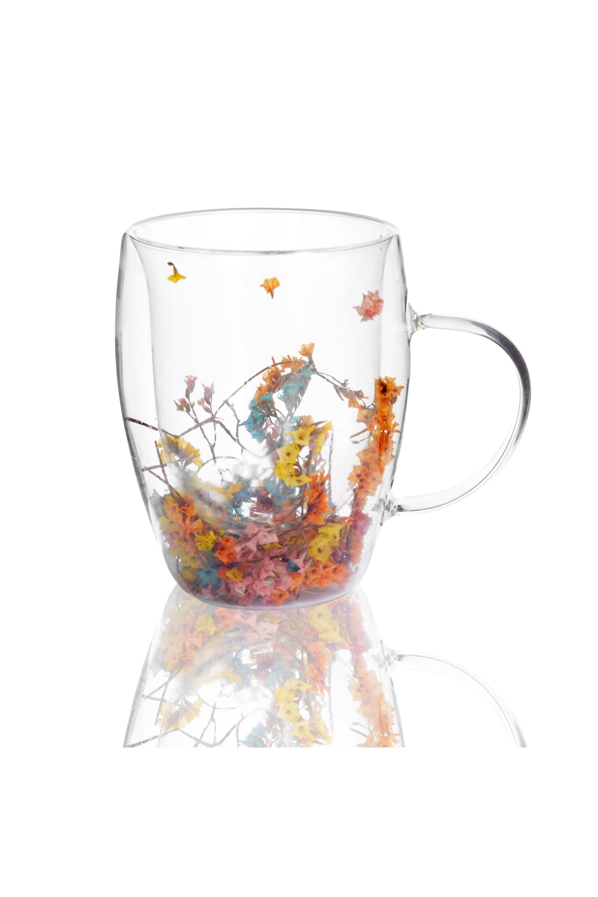 Cană din Sticlă cu Pereți Dubli "Betty" cu Flori Uscate Multicolore Naturale – 350 ml
