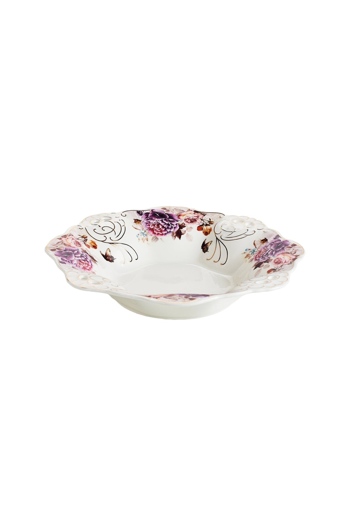 Bol fructieră porțelan model floral vintage, margini dantelate, diametru 33 cm