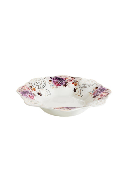 Bol fructieră porțelan model floral vintage, margini dantelate, diametru 33 cm
